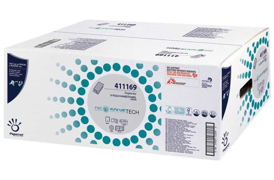Papernet® Superior DissolveTech Lehtkätepaber 2-kihiline, Valge Sinise Mustriga, V-Fold