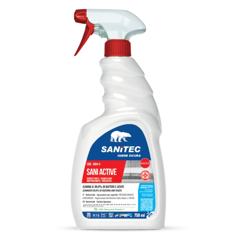 Sanitec Sani Active desinfitseeriv lõhnatu puhastusaine 750 ml pihustiga, universaalne bakteritsiidne puhastusvahend kööki, vannituppa ja toidupindadele