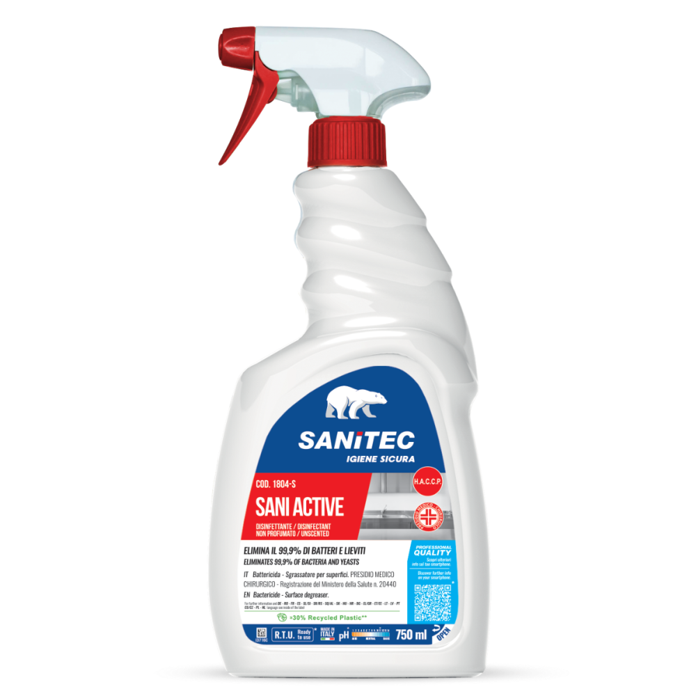 Sanitec Sani Active desinfitseeriv lõhnatu puhastusaine 750 ml pihustiga, universaalne bakteritsiidne puhastusvahend kööki, vannituppa ja toidupindadele