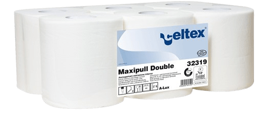 Rullpaber Celtex Maxipull Double, 2-kihiline, valge tselluloos, 153m, 200mm lai, 6 rulli pakis.
