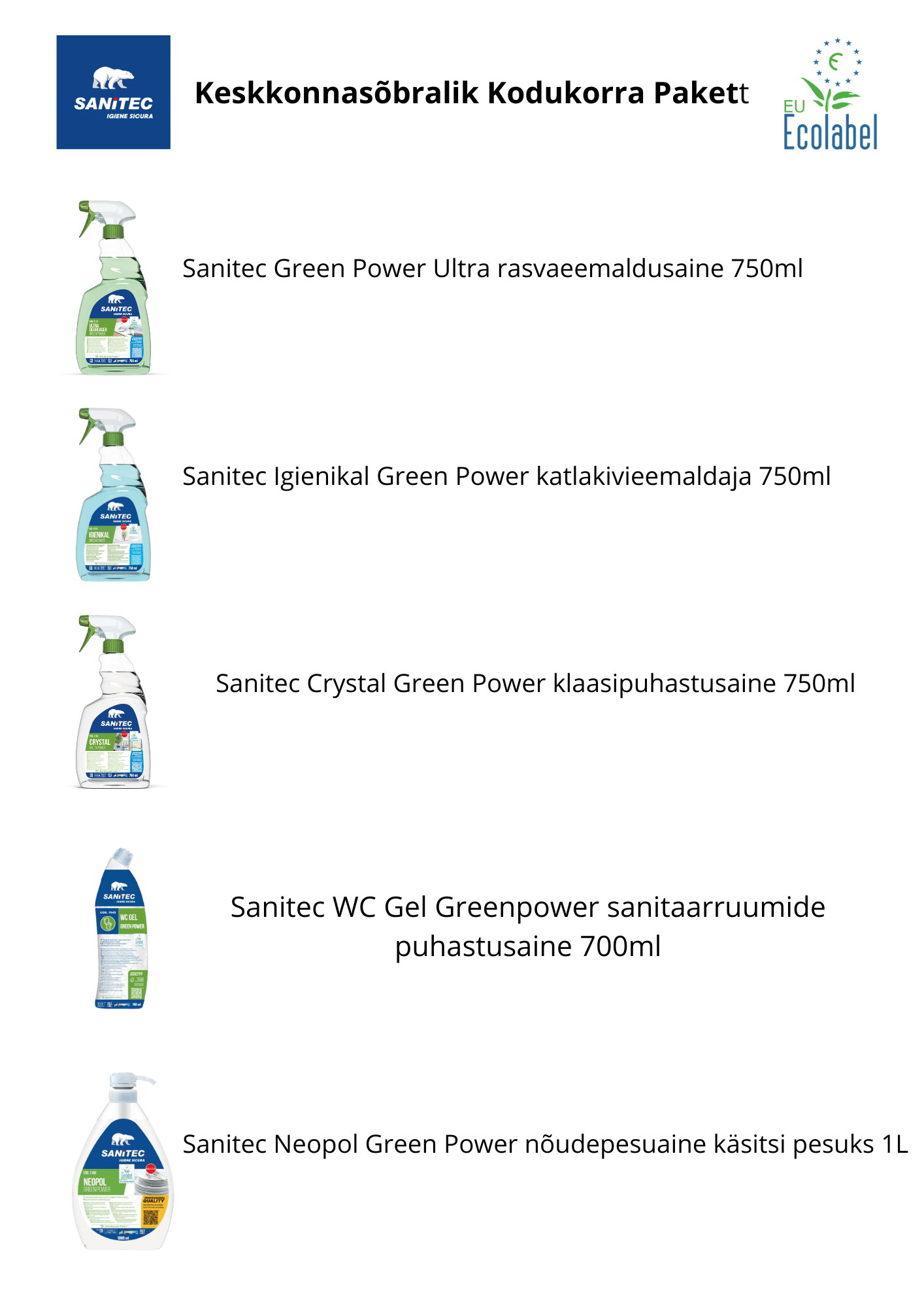 Keskkonnasõbralik Kodukorra Pakett – Ecolabel puhastusvahendite komplekt kodukasutuseks