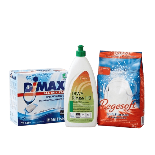 Nõudepesumasina tarvikute komplekt, mis koosneb kolmest tootest: Nilfisk DiMAX nõudepesutablettide karp (70 tk), Estko DIWA Rinse H3 loputusaine pudel (1 L) ja Regesoft jämesoola karp (2 kg).