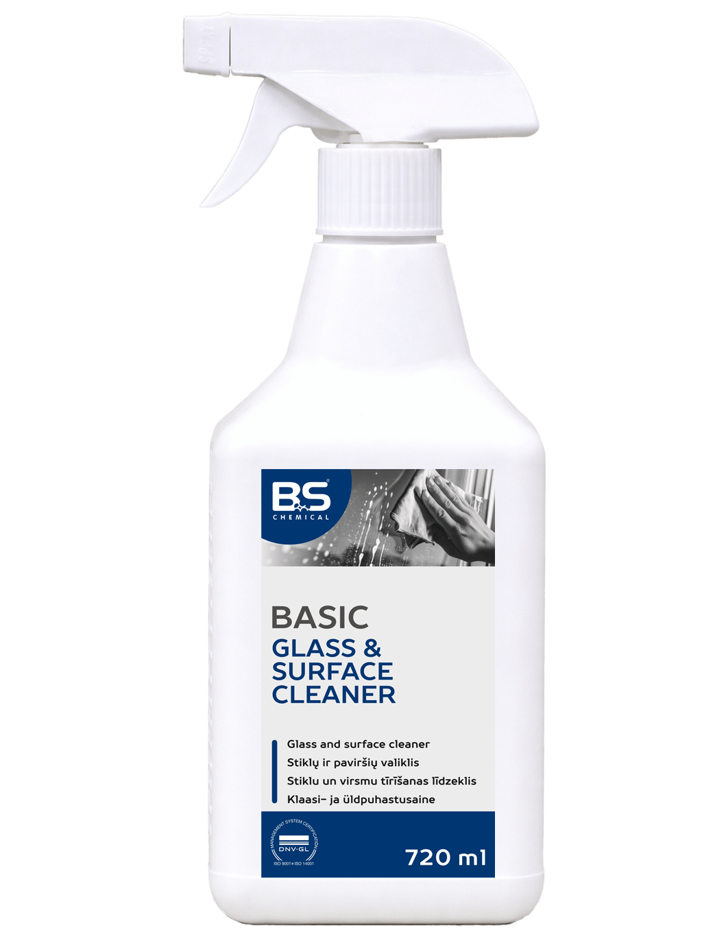 BS Basic Glass & Surface Cleaner 720ml pihustiga pudel klaasi- ja üldpuhastusainet.